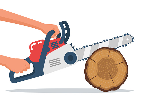 A man saws a log with a chainsaw. The lumberjack holds a gasoline chain saw in hands. Professional working instrument tool. Vector illustration flat design.