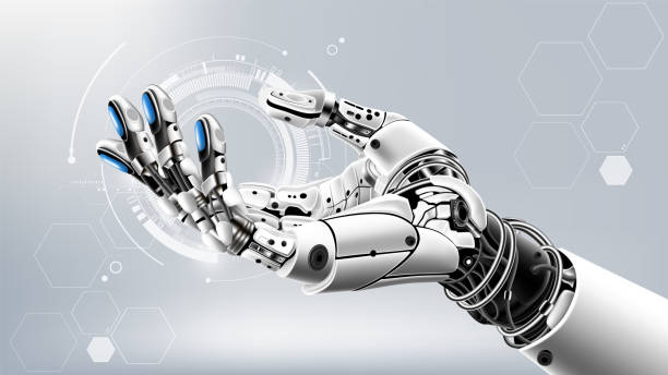 Artificial intelligence robot hand mock up on technology background, AI generated technology concept, vector illustration Artificial intelligence robot hand mock up on technology background, AI generated technology concept, vector illustration eps10 robotic arm stock illustrations