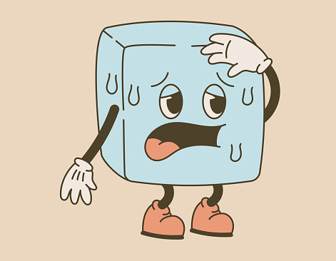 Funny groove suffering from melting ice cube with face. Vector isolated old cartoon retro illustration.