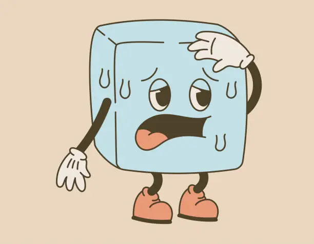 Vector illustration of Funny groove character suffering from melting ice cube with face. Vector isolated old cartoon retro illustration.