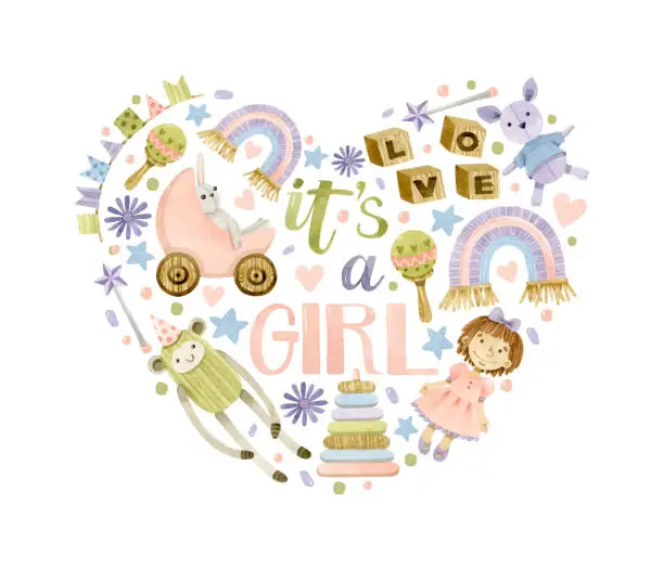 Vector illustration of Watercolor It's a girl heart shape illustration with toys and lettering