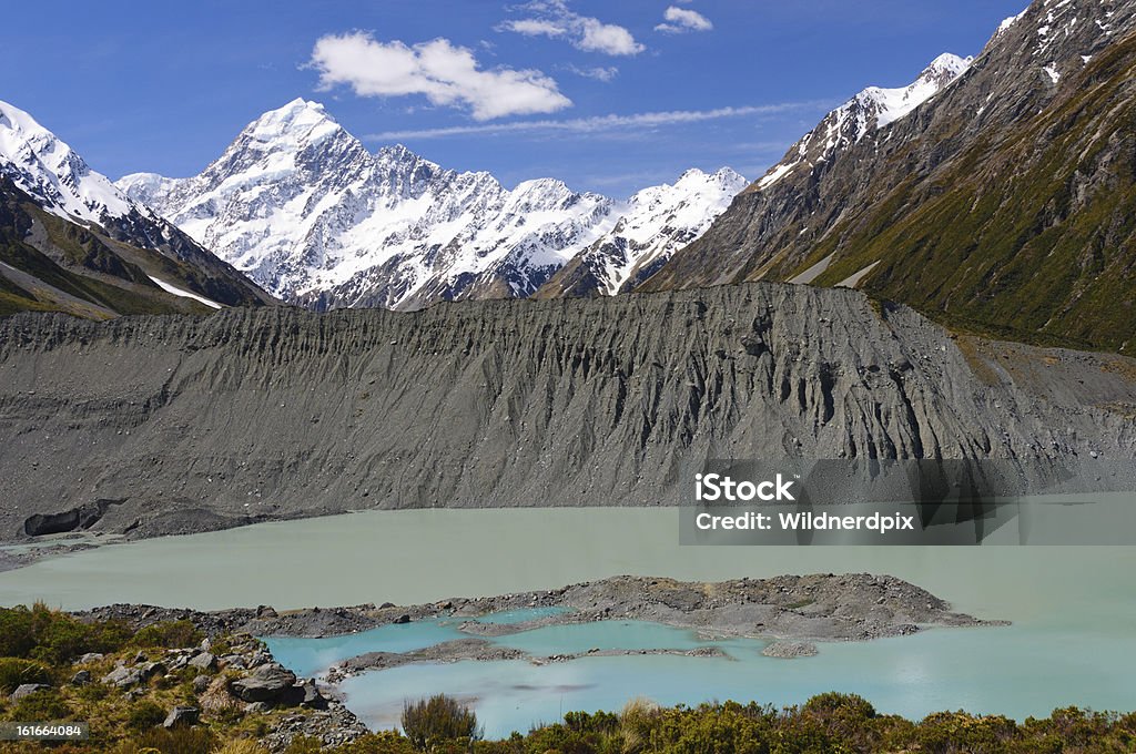 Alpine Peaks above a Glacial Lake and moraine Mueller Lake below Mt Cook in New Zealand Awe Stock Photo