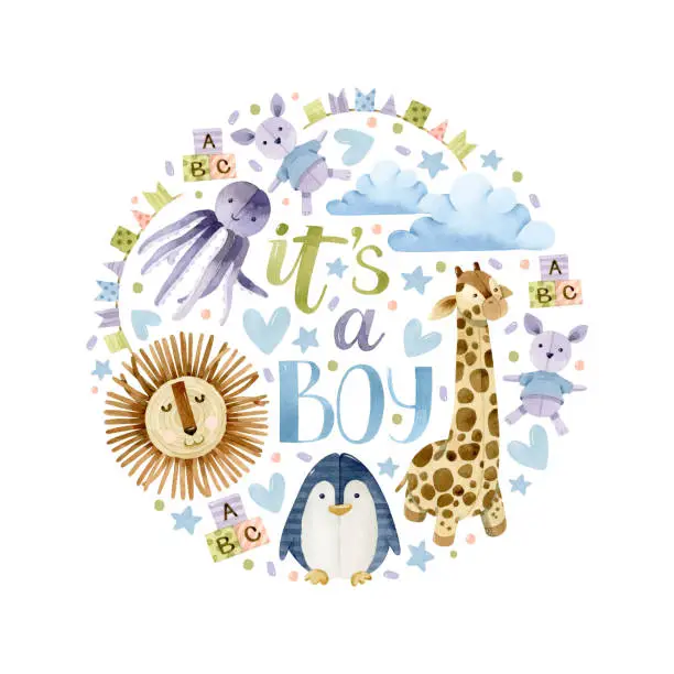 Vector illustration of Watercolor It's a boy round illustration with toys and lettering