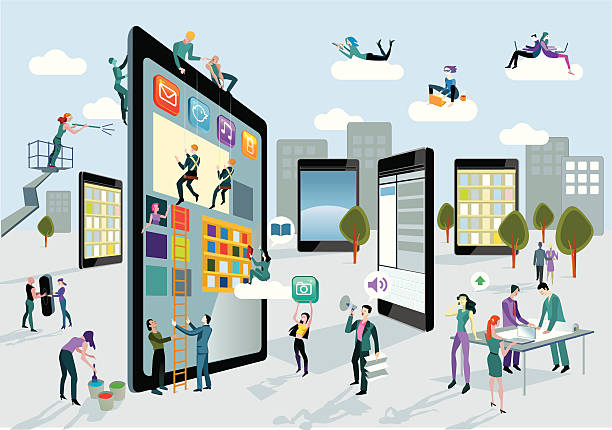 Building Digital Tablets Horizontal A team of people work creatively together building giant digital tablets, like skyscrapers, and creating the content. Other people download this content on their mobile devices. Horizontal composition. free images online no copyright stock illustrations