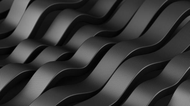 黒いカーボンファイバーの動きの背景。テクノロジー波線3Dイラスト。