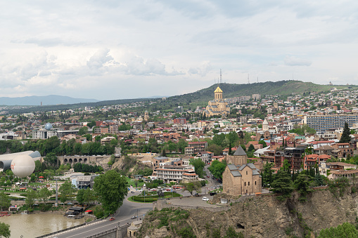 Old Tbilisi, Tbilisi, Georgia, April 28, 2023, Arial view of Tbilisi from the Medieval castle of Narikala and Tbilisi city overview,