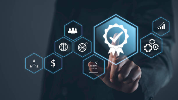 istock Certification Assurance Guarantee, ISO certification and standardization concept. Business process optimisation industrial technology and  top service quality. Person touch certificate icons. 1616646261