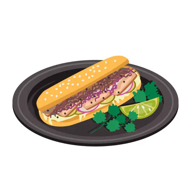 Vector illustration of Banh Mi. Baguette with meat and vegetables. Vector graphic.