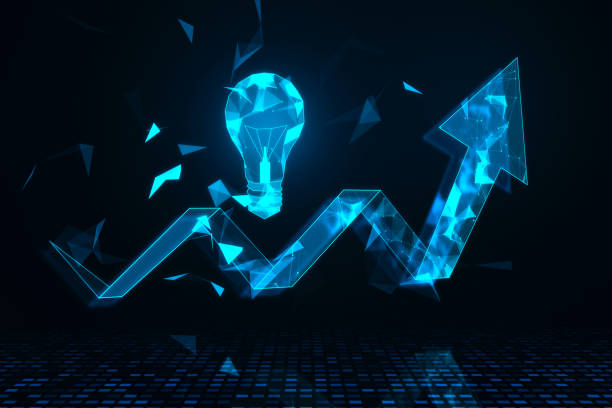 istock Startup business idea concept with front view on digital bright blue light bulb above growing up arrow on dark background. 3D rendering 1616655970