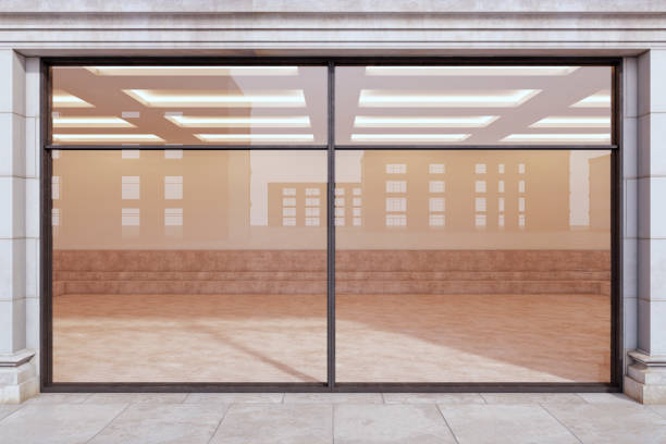 Empty store room with a large glass door. 3D Rendering