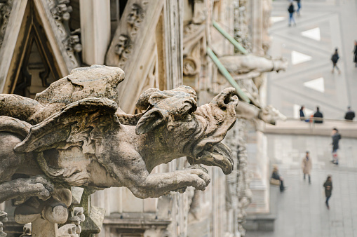 Gargoyles and other ornate carved stonework outside the Duomo di Milano (Milan Cathedral)