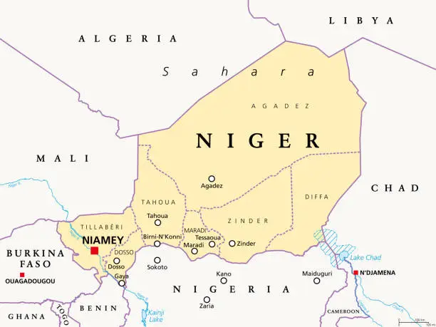 Vector illustration of Niger, landlocked country in West Africa, political map