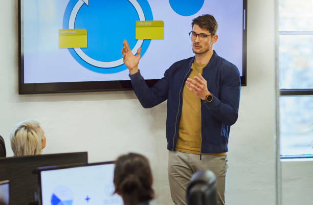 istock Manager presenting project plans with tv screen at team meeting 1616722066