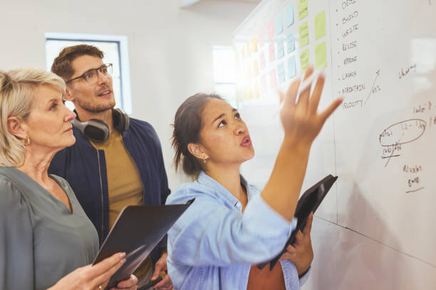 istock Project executive explaining plans with whiteboard to teammates in office 1616722137