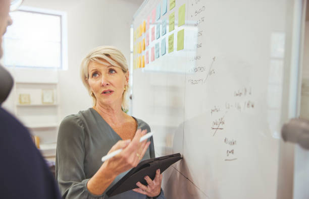 istock Project manager explaining plans to colleague with digital tablet and whiteboard in office 1616722329