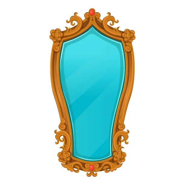 Vector illustration of magic mirror in a vintage golden frame with red stones. Cartoon vector illustration