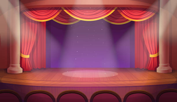 illustrazioni stock, clip art, cartoni animati e icone di tendenza di un palcoscenico teatrale con una tenda aperta rossa. illustrazione modello vettoriale - theatrical performance stage theater broadway curtain