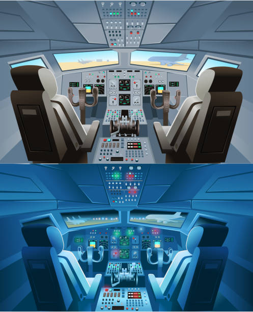 ilustraciones, imágenes clip art, dibujos animados e iconos de stock de conjunto de cabina día y noche. vista de cabina de avión con botones de panel, control de tablero y silla de piloto con pilotos. cabina de pilotos de avión. ilustración vectorial de dibujos animados. - star nautical vessel one person direction