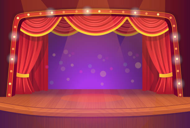 illustrazioni stock, clip art, cartoni animati e icone di tendenza di un palcoscenico teatrale con una tenda aperta rossa. illustrazione modello vettoriale - theatrical performance stage theater broadway curtain