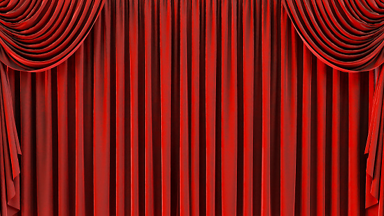 3D render of Large Red Curtains background, theater stage with red curtains