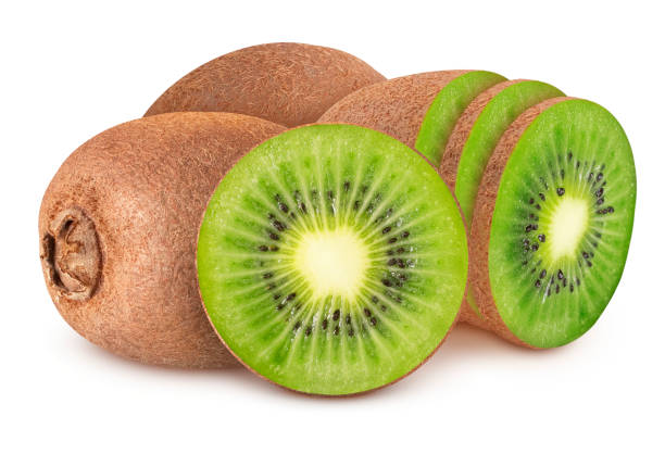 istock Kiwi on an isolated white background. Whole and sliced 1616751768