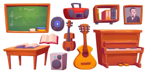 Vector illustration of Cartoon set of music classroom design elements