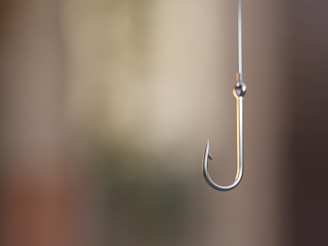 Fishing hook with negative space. Internet scam, phishing, online theft concept. Digital 3D rendering.
