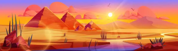 Vector illustration of Pyramid in egypt desert oasis sunset landscape