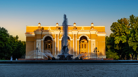 The Alisher Nava'i opera theatre in Tashkent, Uzbekistan  photographed at sunset
