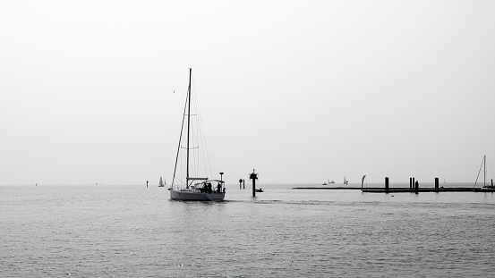Hazy smog after Canadian fires covers Annapolis Bay pier. Dock on Severn River in Annapolis, Maryland