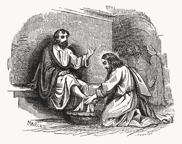 yesus membasuh kaki petrus (yohanes 13), ukiran kayu, diterbitkan tahun 1837 - maundy-thursday ilustrasi stok