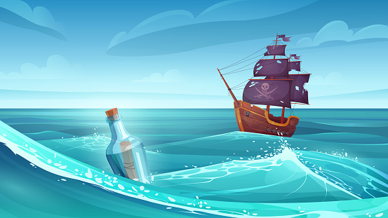 Old pirate ship and bottle with message scroll or paper treasure map floating in ocean or sea waves vector illustration. Cartoon battleship after shipwreck with broken deck and torn flag on horizon