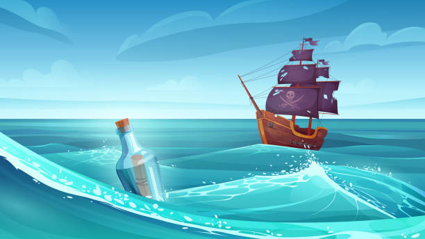Old pirate ship and bottle with message or paper treasure map floating in sea waves Old pirate ship and bottle with message scroll or paper treasure map floating in ocean or sea waves vector illustration. Cartoon battleship after shipwreck with broken deck and torn flag on horizon wrecked wood boat stock illustrations