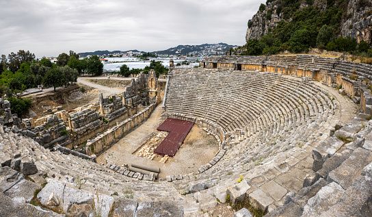 Roman amphitheater of Aspendos ancient city near Antalya, Turkey. An antique ruined city