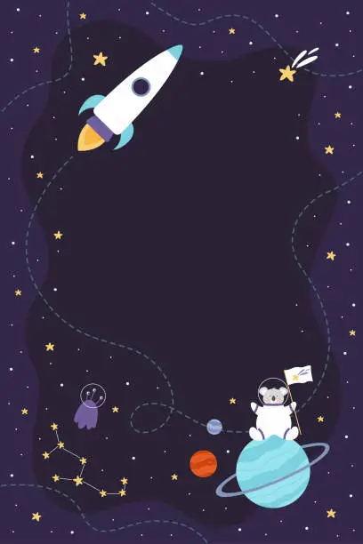 Vector illustration of Space travel and cute koala astronaut vertical banner, animal character in helmet and spacesuit