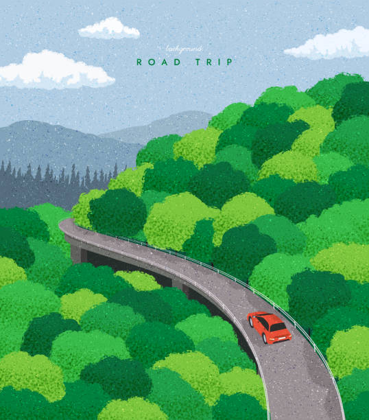 roadtrip im frühling. wunderschöne landschaft in den bergen. urlaub, urlaubsabenteuer. das auto fährt die autobahn entlang. bannerhintergrund der sommersaison. einfache grafik. trendiges flaches design. vektor-illustration. - scenics highway road backgrounds stock-grafiken, -clipart, -cartoons und -symbole