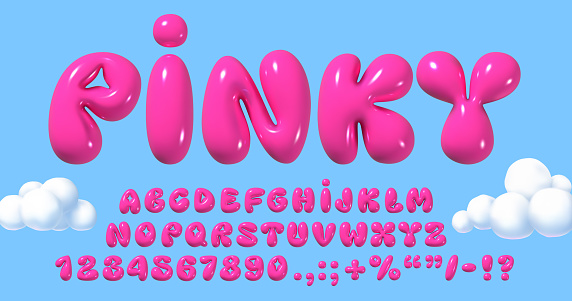 Glossy 3D pink bubble font in Y2K style. Playful design inspired by 2000s or 90s, inflated balloon letters. Trendy English type. Realistic vector illustration