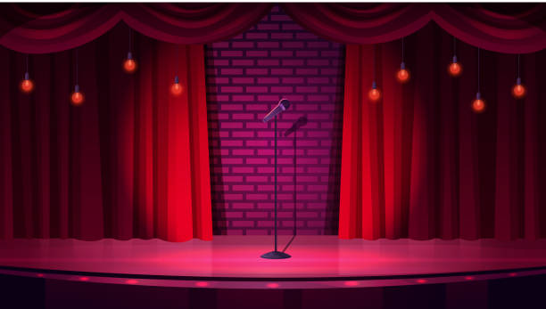 istock Comedy theater empty stage, concert scene with red curtains drape on brick wall, lights 1616878936