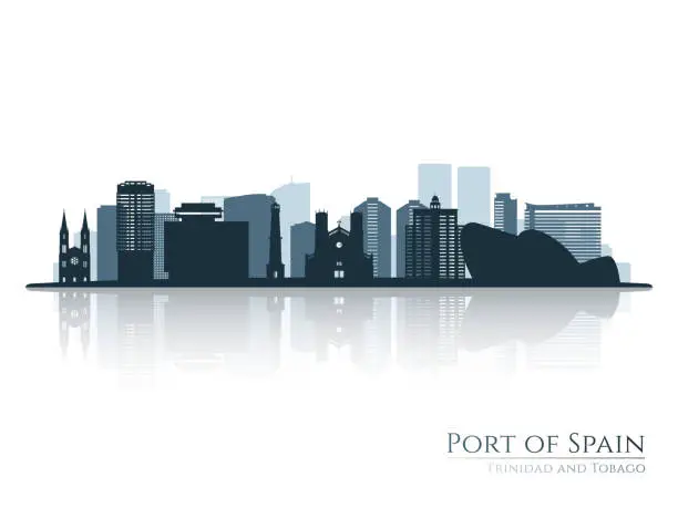 Vector illustration of Port of Spain skyline silhouette with reflection. Landscape Port of Spain, Trinidad and Tobago. Vector illustration.
