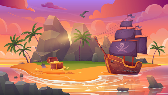 Pirate island with ship and treasure chest on sea or ocean beach vector illustration. Cartoon marine adventure background or poster with corsair theme, wooden boat with cannons in search of gold