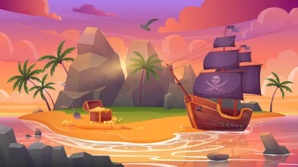 Vector illustration of Pirate island with ship and treasure chest on sea beach, marine adventure background