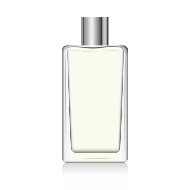 Clear glass perfume bottle mockup with silver spray Clear glass perfume bottle mockup with silver spray and cap. 3d vector rectangular shape bottle for fragrance. Packaging for beauty product. Flacon for cosmetic. Realistic bottle mockup template home fragrance stock illustrations