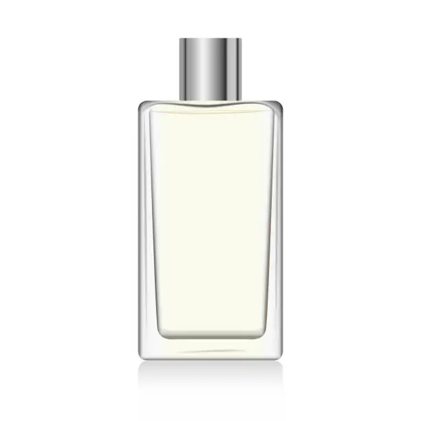 Vector illustration of Clear glass perfume bottle mockup with silver spray