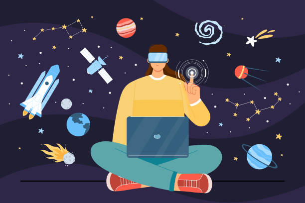 istock Space exploration in metaverse, immersive virtual reality experience of man in VR glasses 1616901797