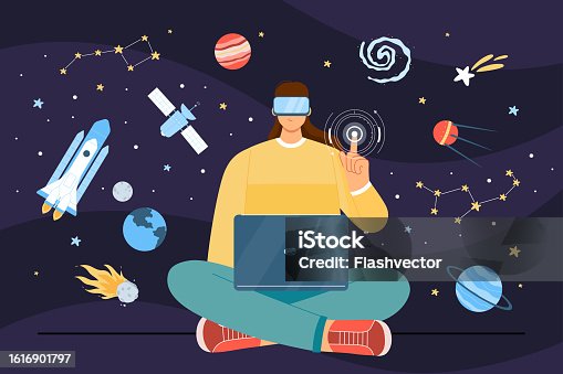 istock Space exploration in metaverse, immersive virtual reality experience of man in VR glasses 1616901797