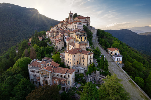 Aerial view of the Sacro Monte of Varese, this sacred mount is a historic pilgrimage site and Unesco World Heritage for the Sanctuary of Santa Maria del Monte, Varese, Lombardy, Italy