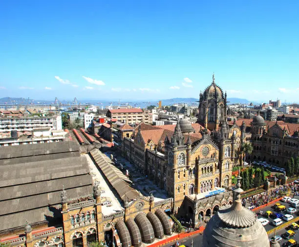 Bird's eyeview of Chatrapati Shivaji Terminus and surrounding heritage precinct as well as skyline in South Mumbai. Earlier known as Victoria Terminus it is a terminal and head- quarters for Central Railways. It has been declared as UNESCO World Heritage Site. Copy space.