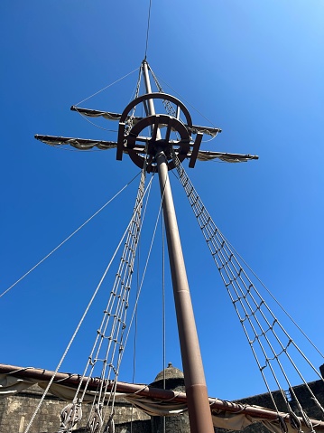 Sailboat weather vane against clear sky with copy space.