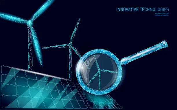 Vector illustration of 3D windmills ecology forest concept. Save environment wind green tree energy sustainable power. Eco global planet solution. Triangle vector illustration art