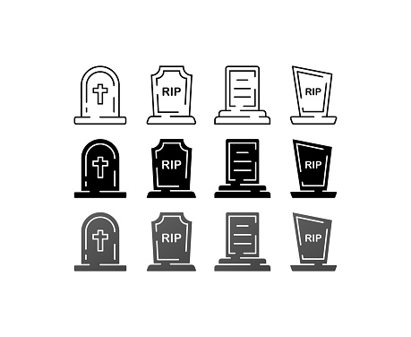Death monument. Silhouette, black, RIP monument. Vector icons